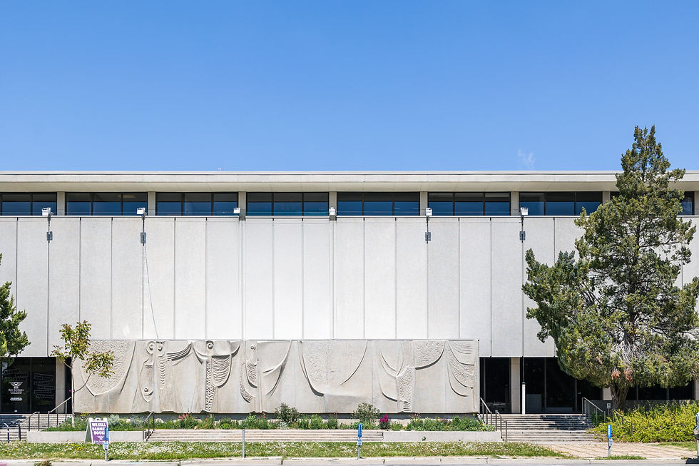 Gray building with textured facade, large windows, pine tree on right, clear blue sky above.