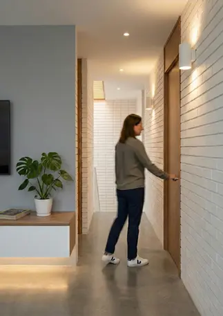 Diseño interior de corredor en segundo piso con concreto esmaltado y puertas de madera.