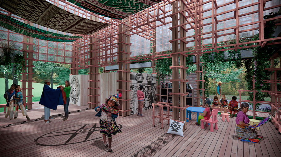 Visualización del interior del Centro Comunitario Indígena Tejiendo Territorio en Sibundoy, Putumayo. Fundación Catalina Muñoz