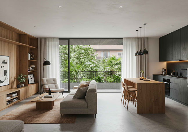 Diseño de interiores sala y cocina de concepto abierto sofisticado en Cali