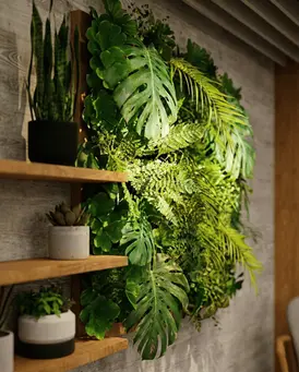 Detalle de muro verde en sala de espera