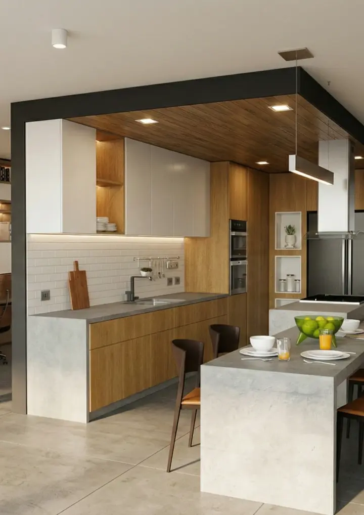 Cocina abierta de lujo con acabados en madera y concreto en a4 EcoLiving, Cali.