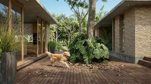Exterior de casa campestre con patio central, árbol conservado y dos volúmenes arquitectónicos.