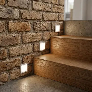 Detalle de escalones en madera e iluminación arquitectónica LED en muro interior.