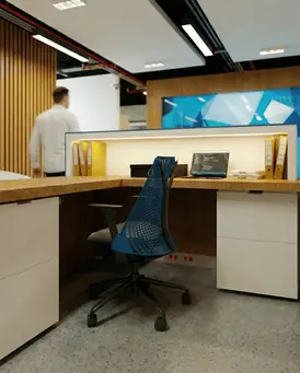 Configuración de puesto operativo con soluciones de almacenamiento e integración de materiales coherentes con la imagen empresarial