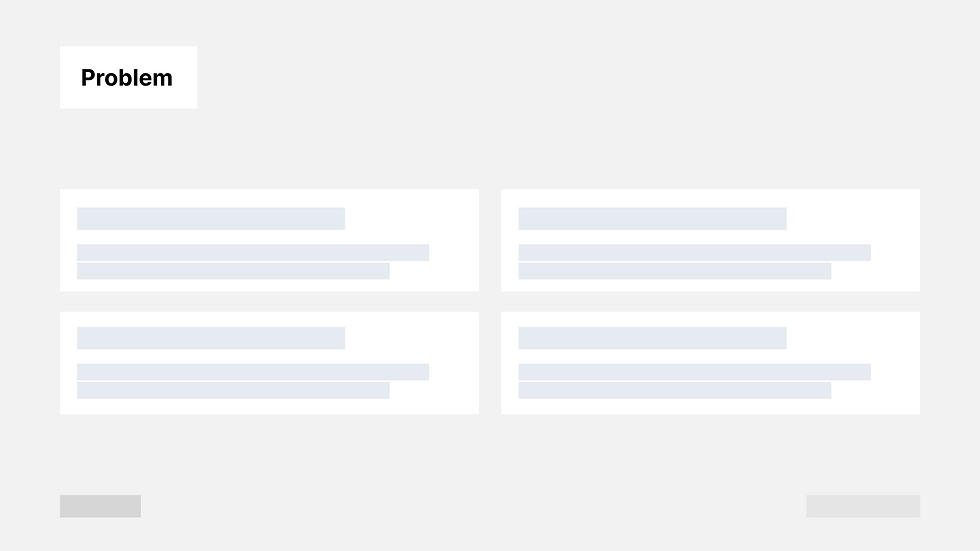 Wireframe with a "Problem" label at the top left. Four placeholder text boxes in two rows suggest a structured layout on a light gray background.