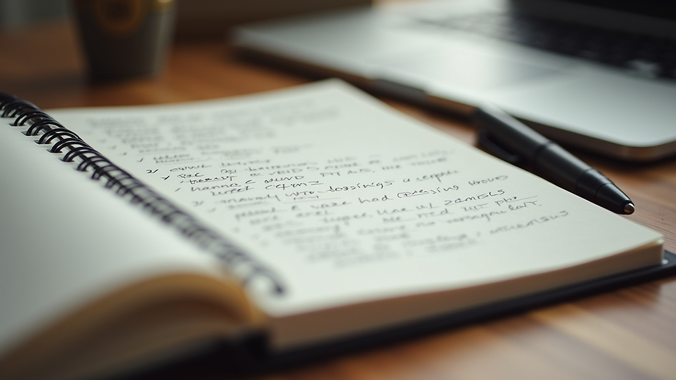 Ein aufgeschlagenes Notizbuch mit handschriftlichen Notizen und einem Stift daneben