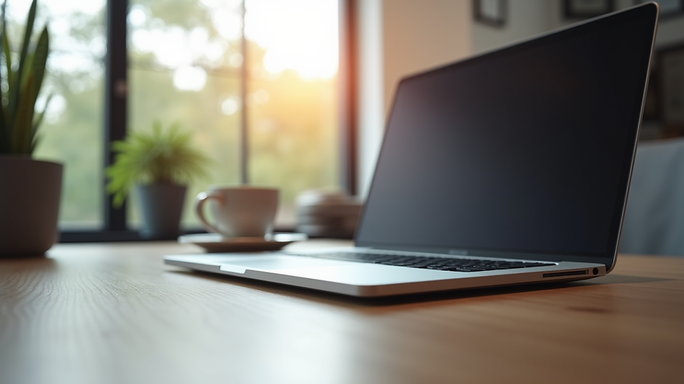 Ein Schreibtisch mit Laptop und Kaffeetasse, im Hintergrund Pflanzen vor einem Fenster