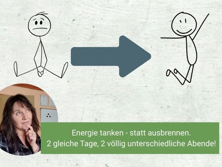 Frau, die fragend blicket..2 Strichmännchen, das eine erschöpft am Boden, das andere energiegeladen hüpfend