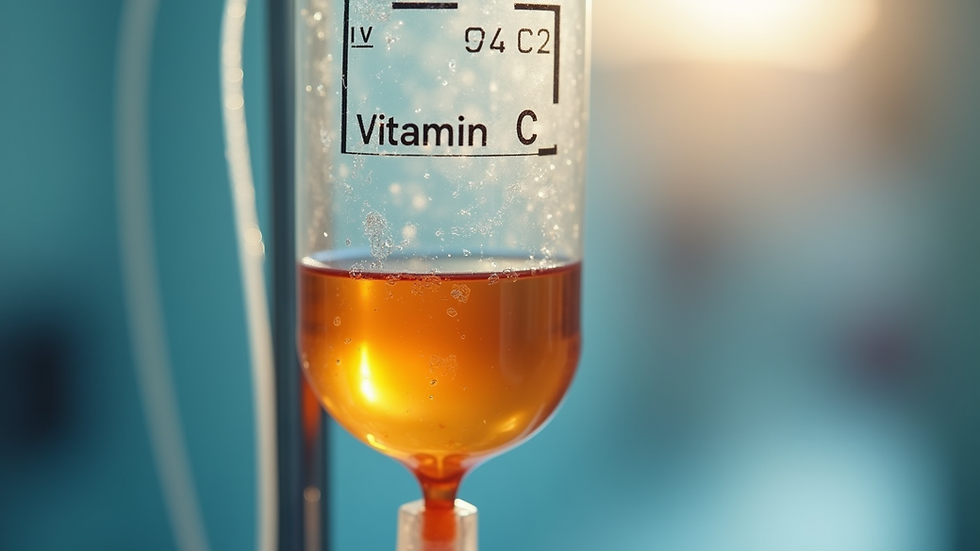 Close-up view of IV drip bag with vitamin C solution