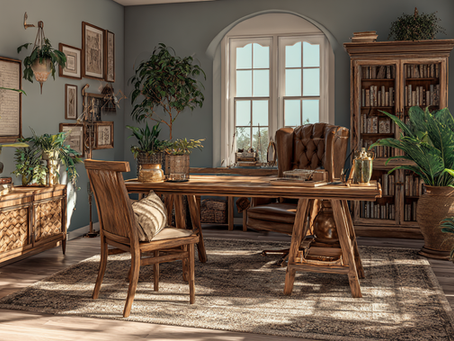 a professional office of a family historian that looks professional with hints of a family historian, boho vibe and plant lover; but really focus on the family historian.