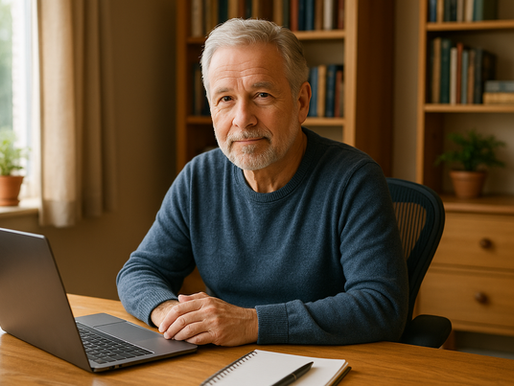 A man in his 60s with gray hair sitting at a desk in their home office.