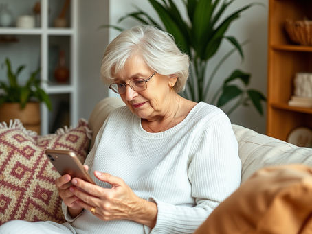 Elderly woman with glasses sits on a beige sofa using a smartphone. Cozy room with plants and shelves. Calm and focused expression.