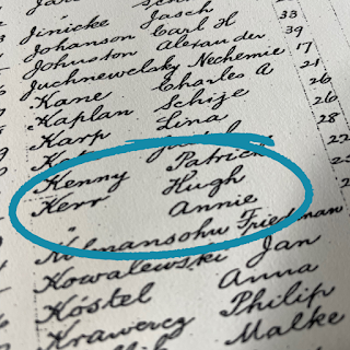 Handwritten list of names on paper, with "Hugh Kerr" and "Annie" circled in blue. Names are in neat cursive script.