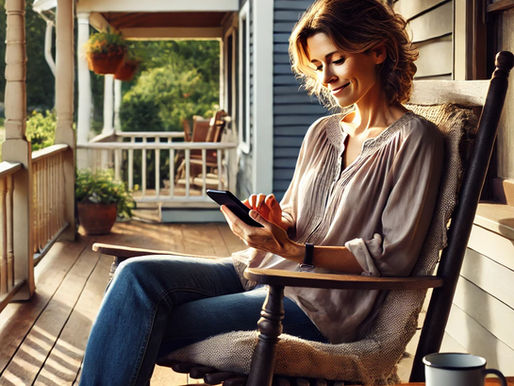 an image of a woman in her 40s sitting in a rocking chair on her front porch scrolling on her cell phone.