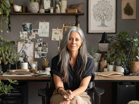 A woman in her 40s sitting at her boho theme office that is organized and minimalist with some plants and a few photos of ancestors and a framed family tree. The woman has long gray hair.