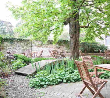 Quiet outdoor terrace with wooden tables and chairs under trees