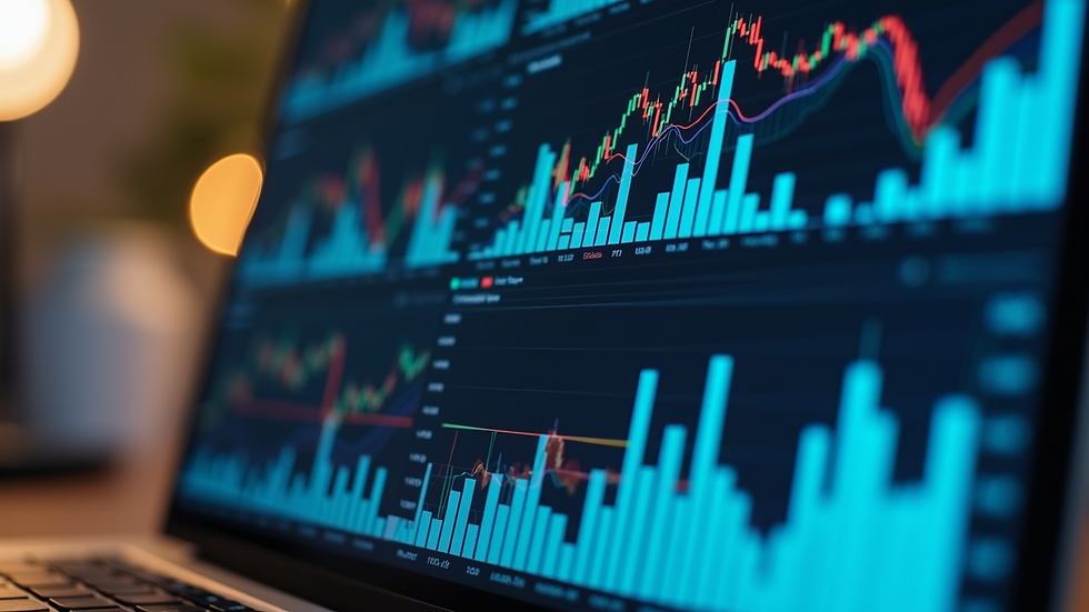 Close-up view of a laptop screen displaying financial graphs and charts