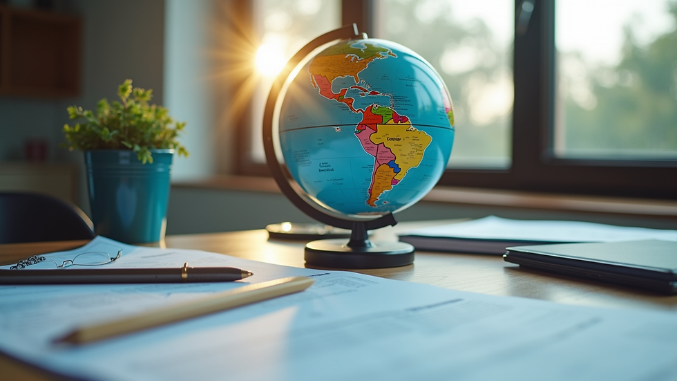 Eye-level view of a globe on a desk with tax documents