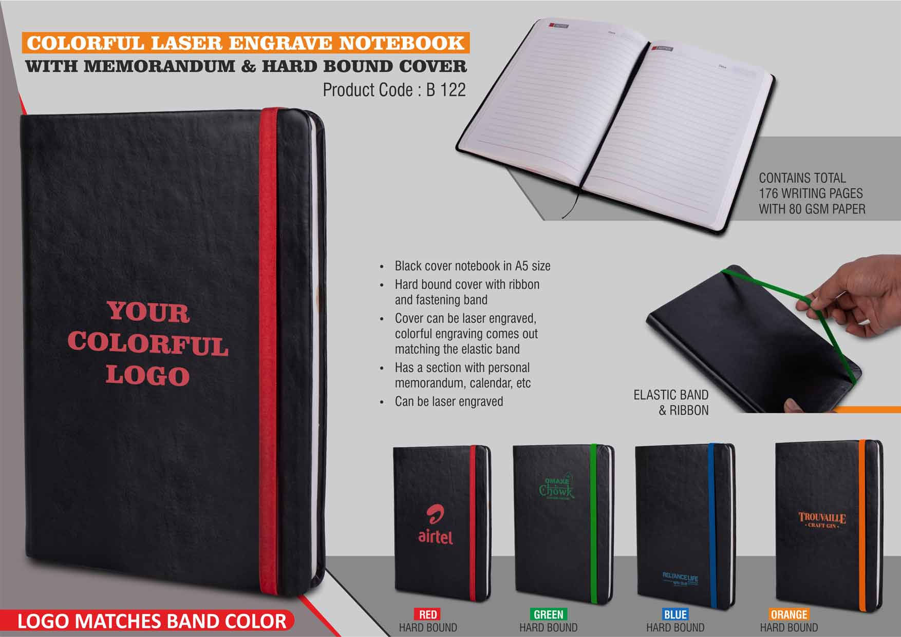 Colorful Laser Engrave Notebook With Memorandum & Hard Bound Cover | Elastic Ban