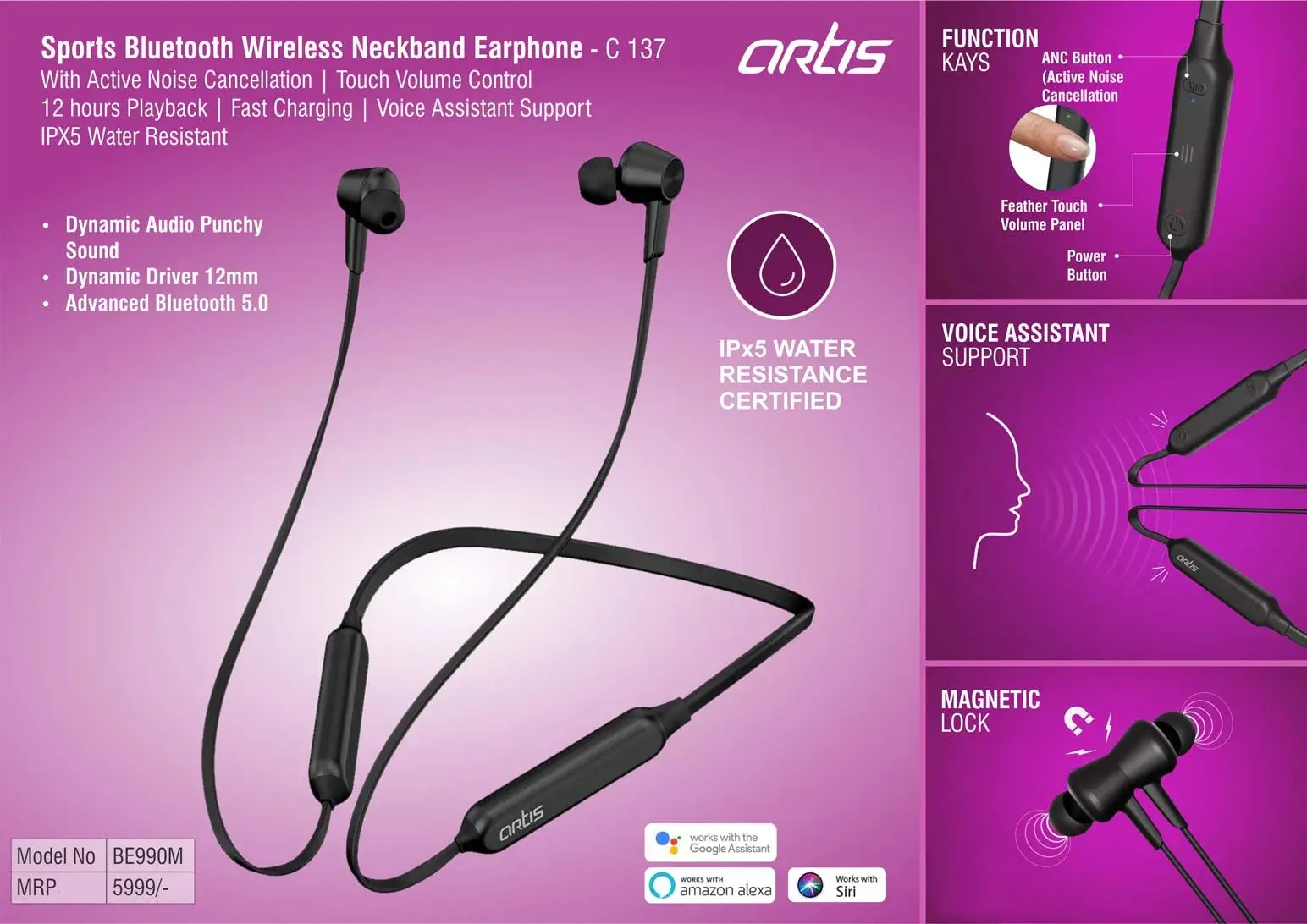 Artis Sports Bluetooth Wireless Neckband Earphone With Active Noise Cancellation