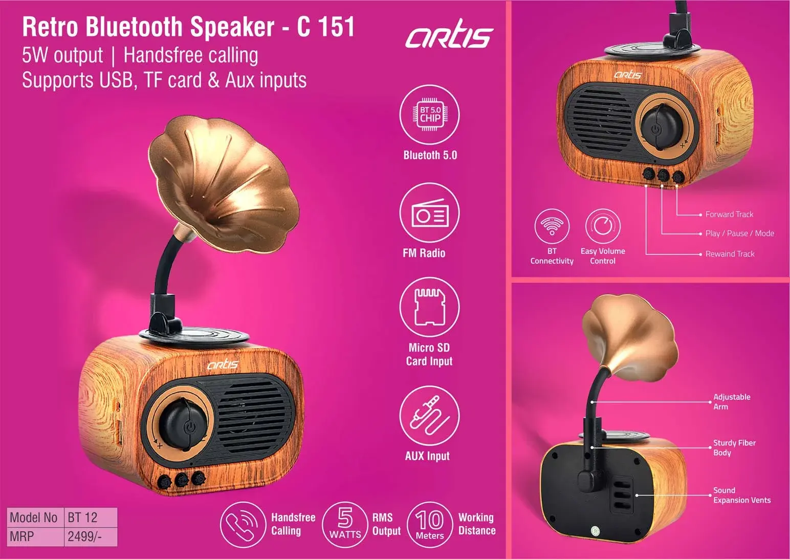 Artis Retro Bluetooth Speaker | 5W Output | Handsfree Calling | Supports USB, TF