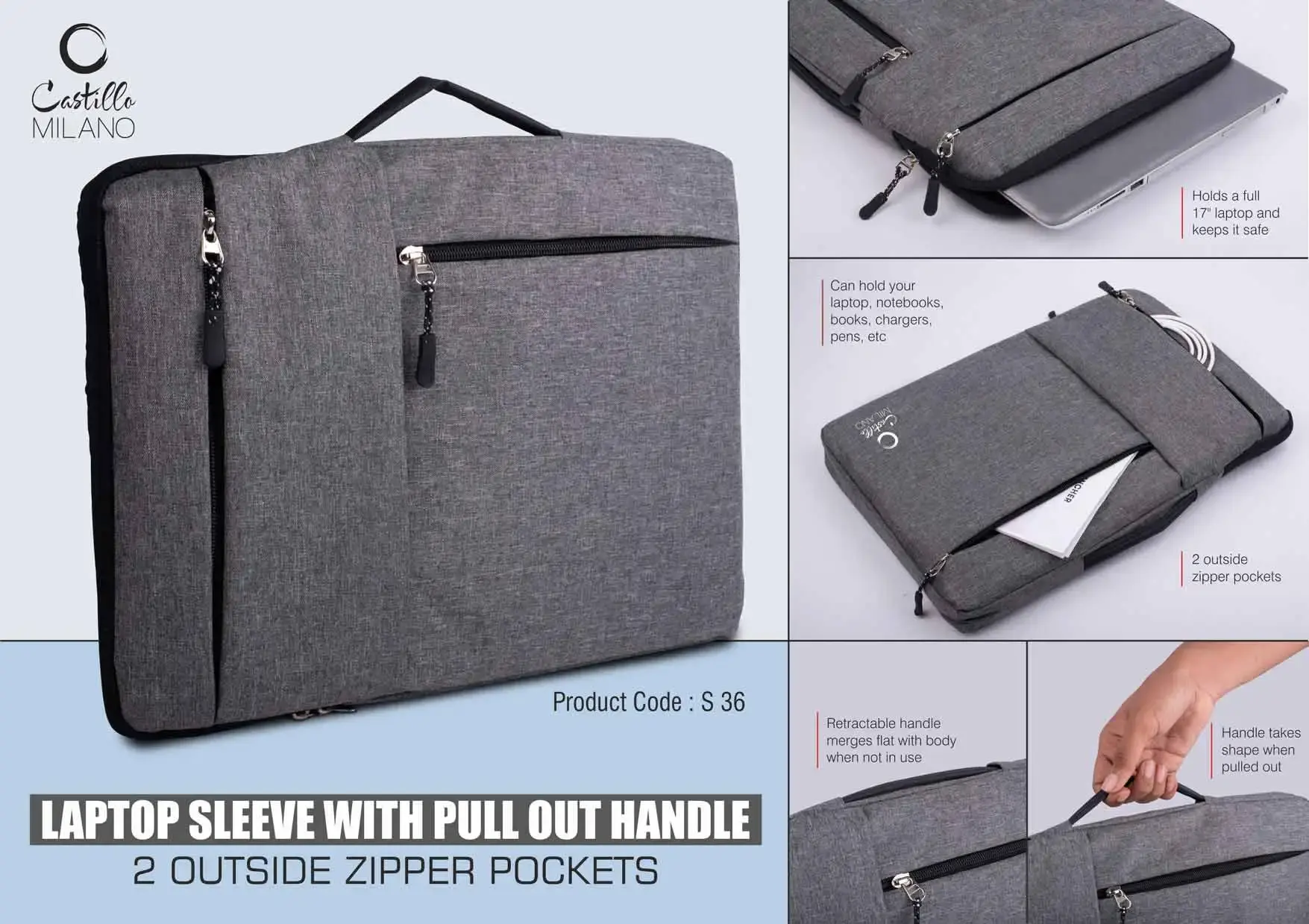 Laptop Sleeve With Pull Out Handle | 2 Outside Zipper Pockets