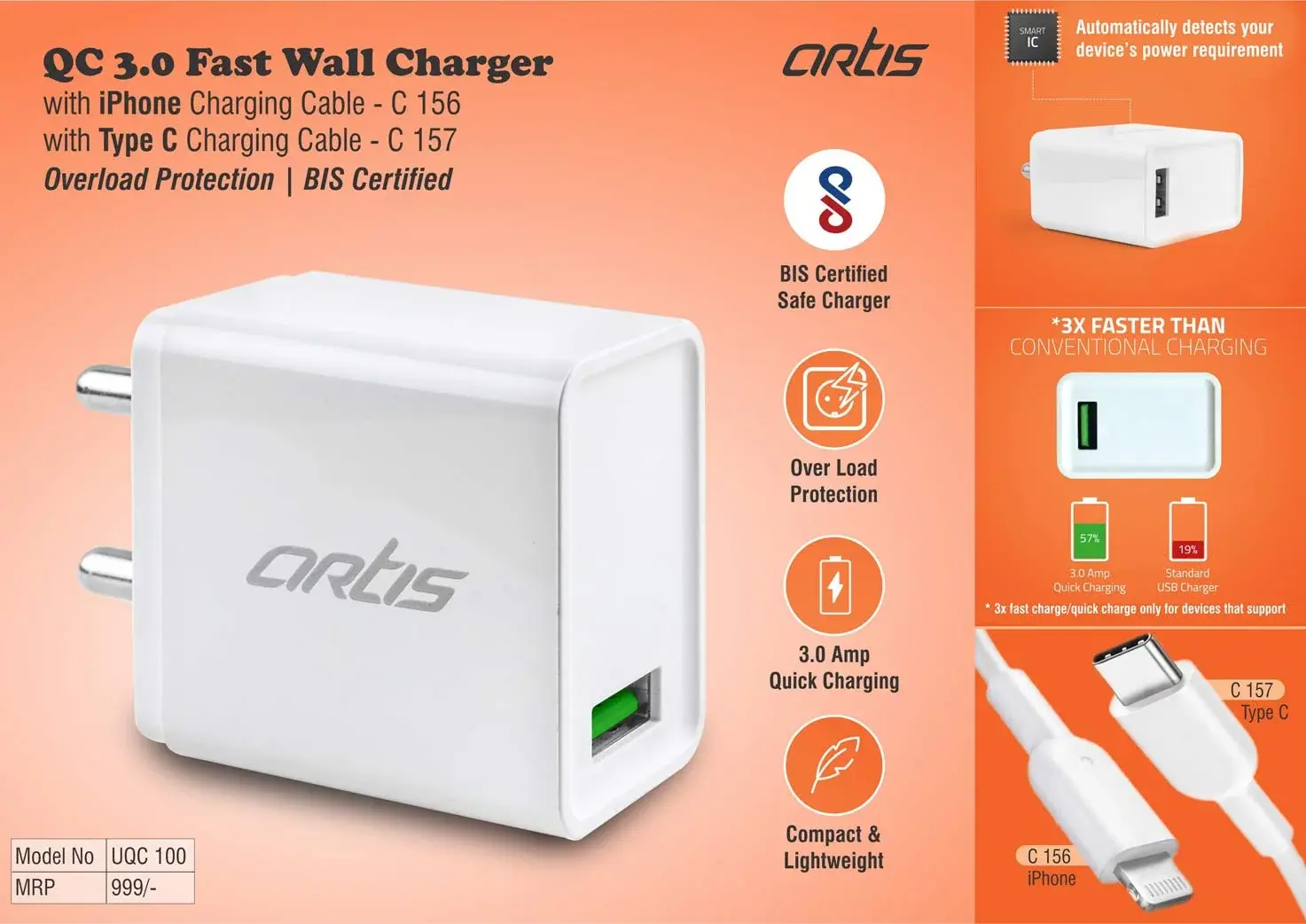 Artis QC 3.0 Fast Wall Charger With IPhone Charging Cable | Overload Protection