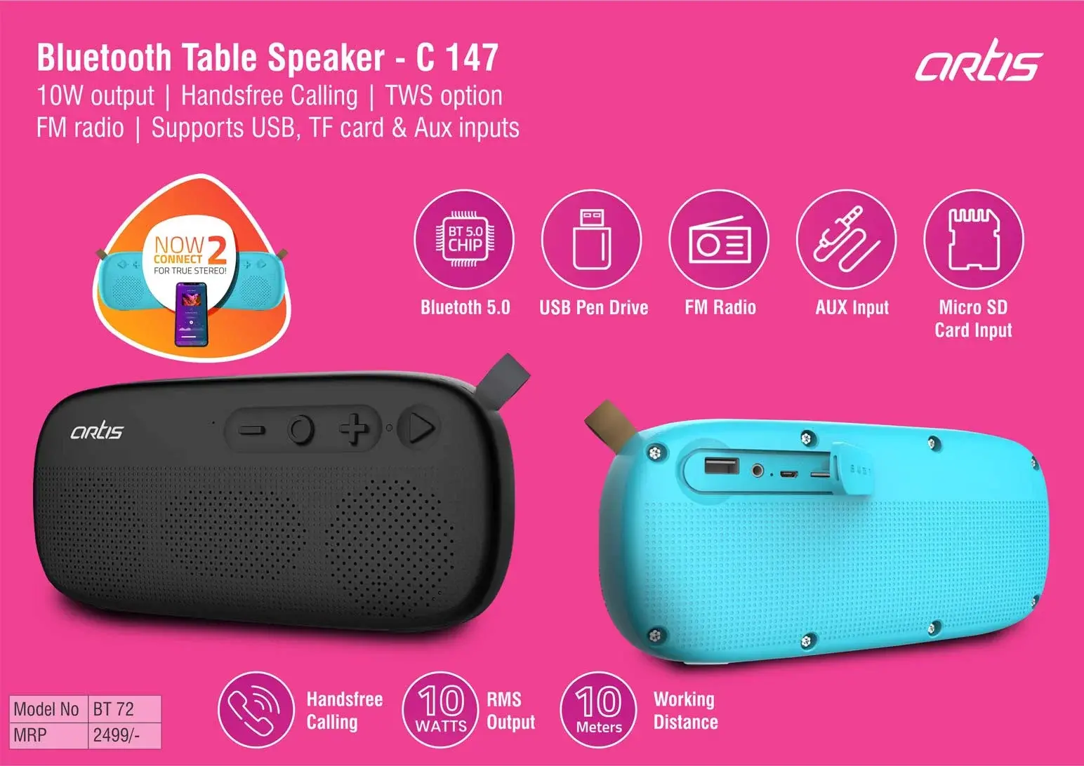 Artis Bluetooth Table Speaker | 10W Output | Handsfree Calling | TWS Option | FM
