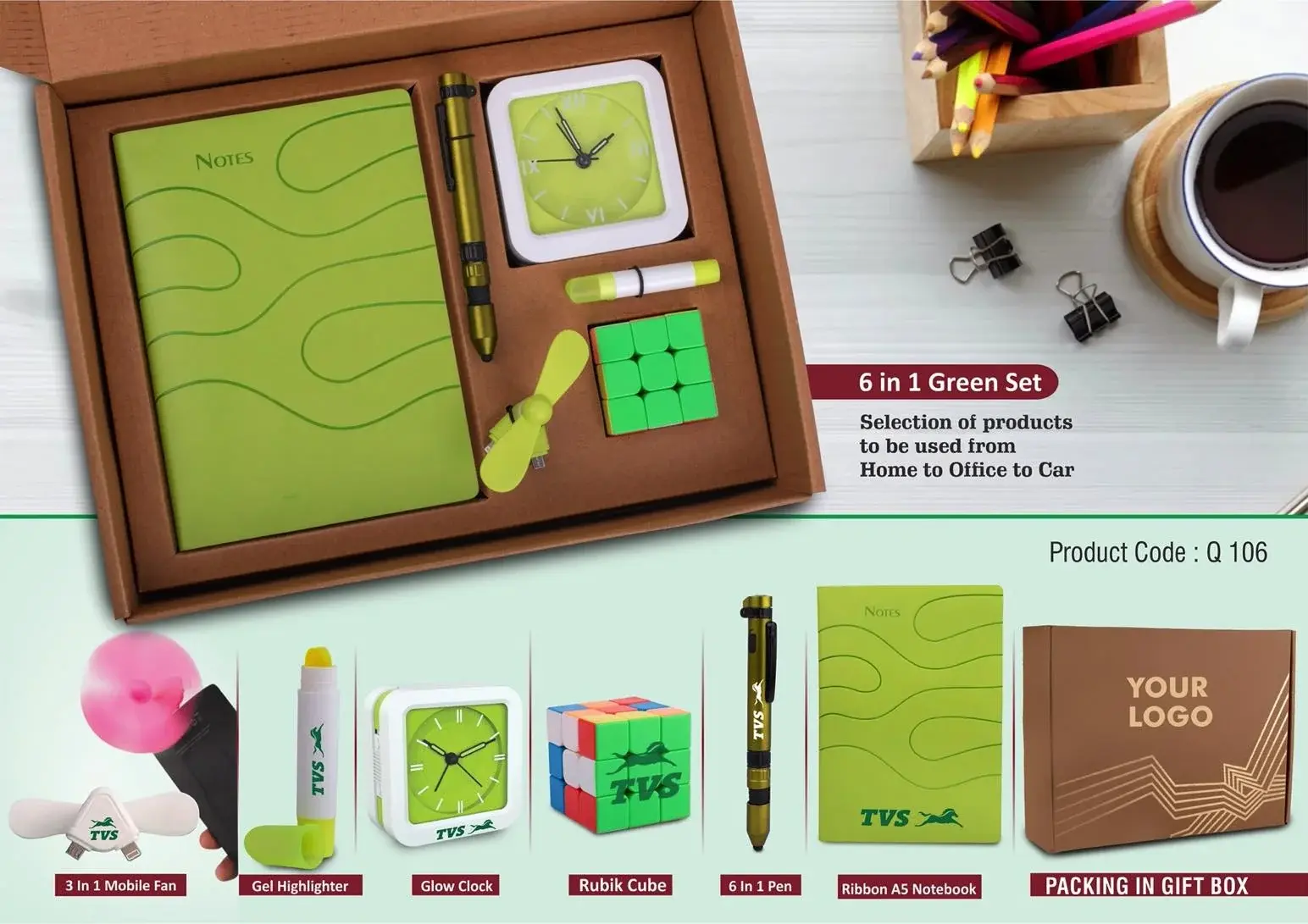 6 In 1 Green Set: Rubik Cube, Gel Highlighter, Mobile Fan, 6 In 1 Military Pen,