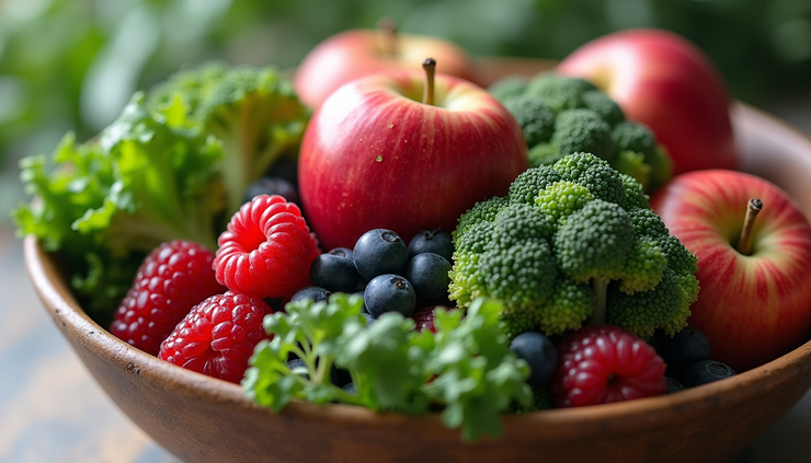 Close-up view of a colorful bowl filled with fiber-rich fruits and vegetables