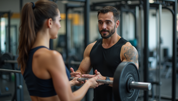 Eye-level view of a personal trainer guiding a client through a strength exercise in a gym