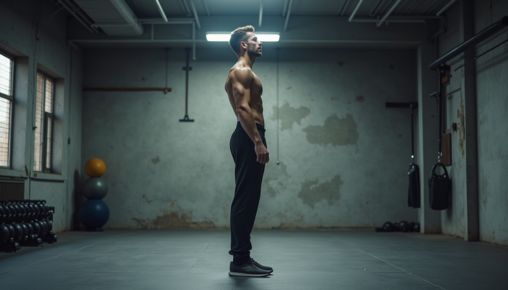 Eye-level view of a person standing with correct posture in a gym environment