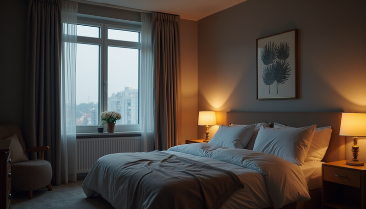 Eye-level view of a cozy bedroom with dim lighting and a neatly made bed