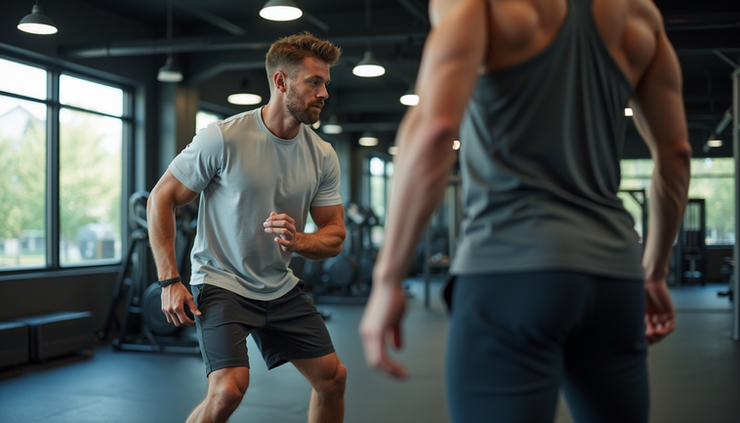 Eye-level view of a personal trainer guiding a client through a workout in a gym