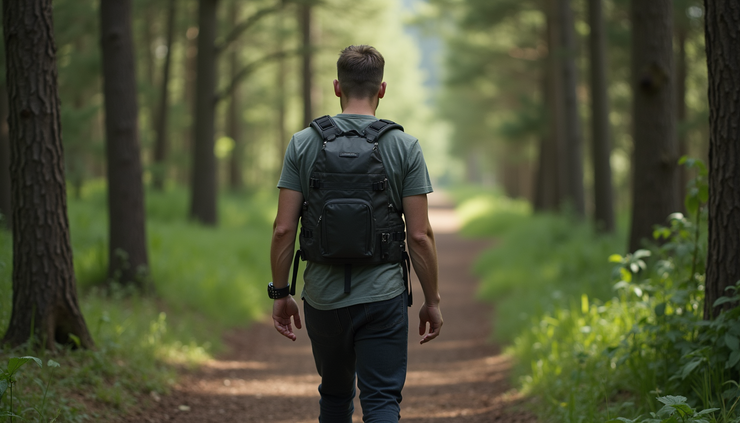 Eye-level view of a person walking on a forest trail wearing a weighted vest