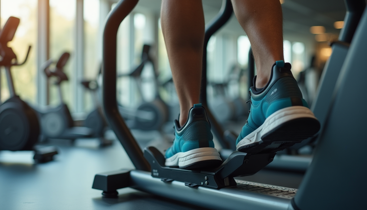 Eye-level view of elliptical machine in gym with smooth gliding pedals