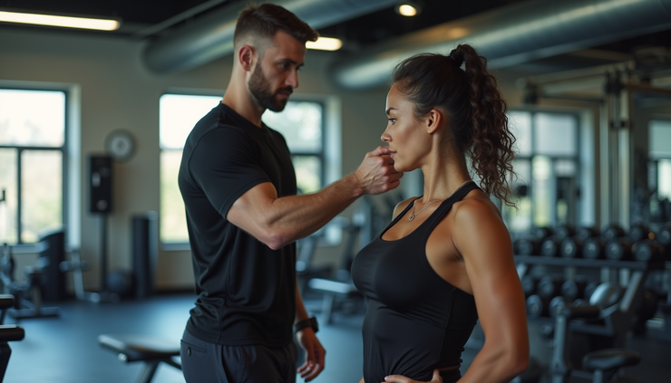 Eye-level view of a gym with a personal trainer guiding a client through exercises