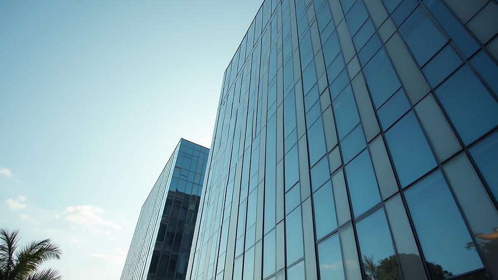 Eye-level view of office building exterior with clear sky