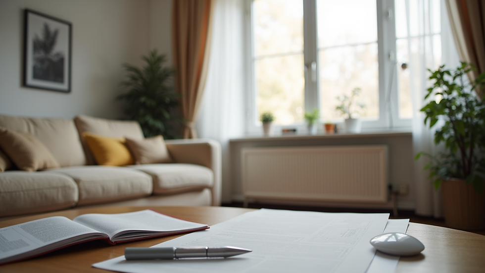 Eye-level view of a neat and modern living room with insurance-related documentation