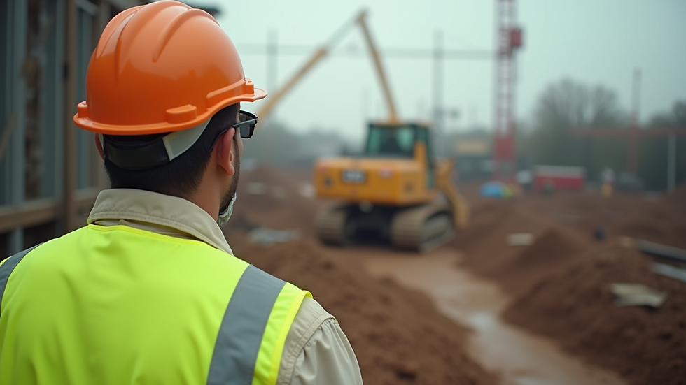 Close-up view of a seasonal worker wearing a safety vest at a construction site