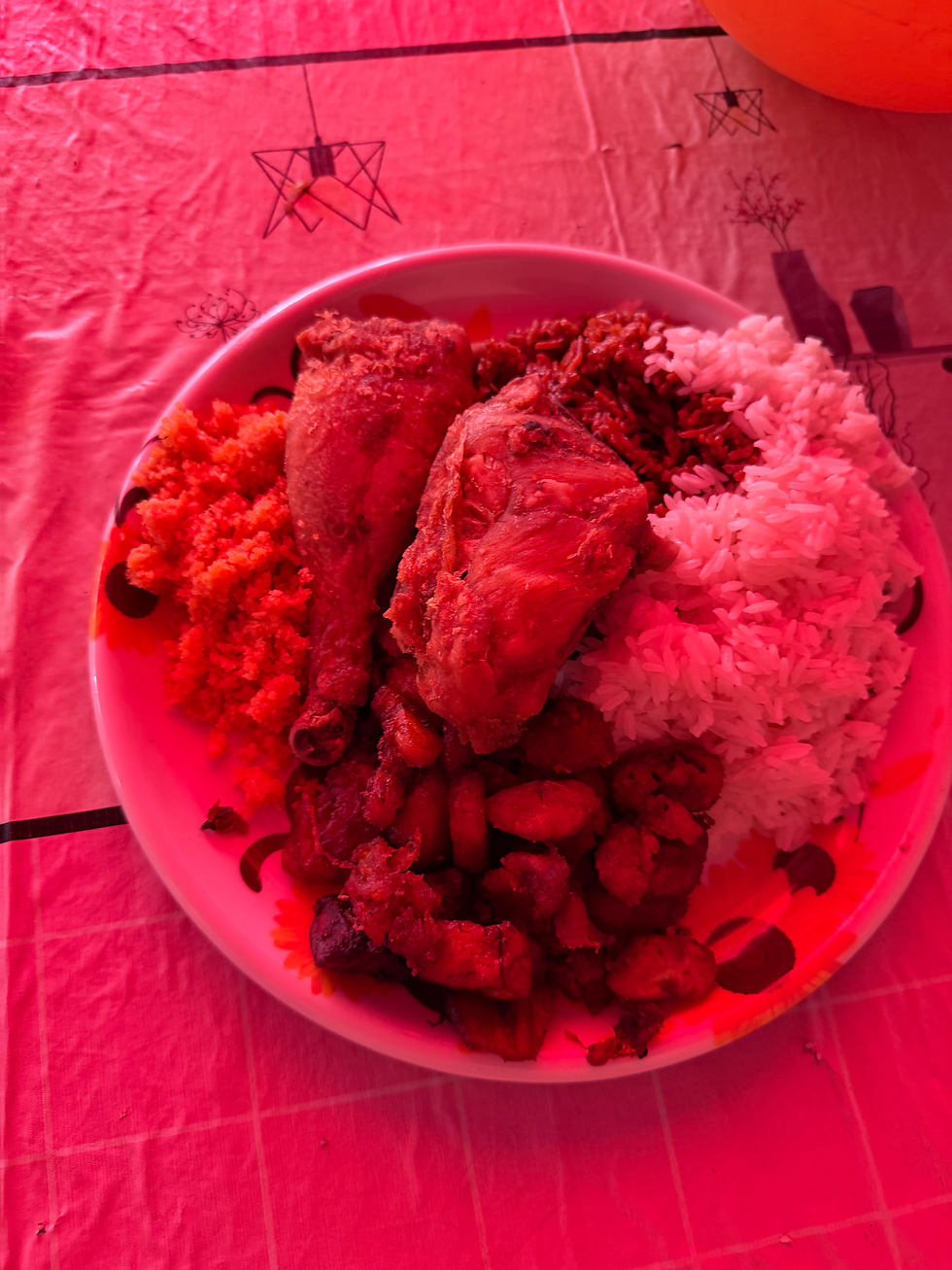 Curry, Chicken, White Rice, Jolly, Plantains, no utensils.
