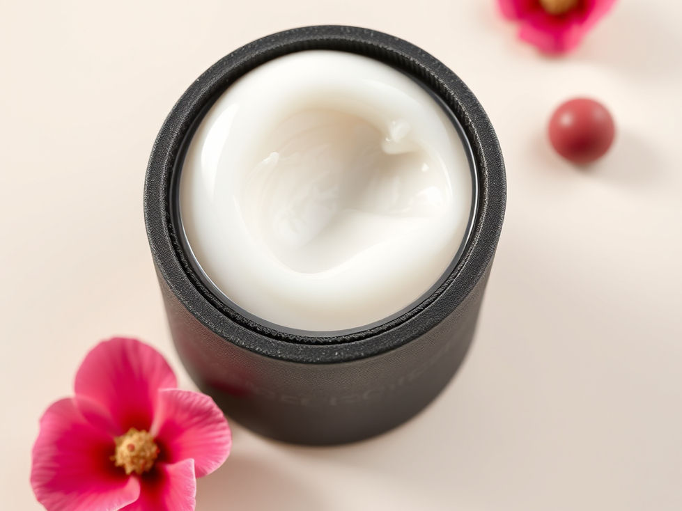 Black cardboard tube filled with white cream beside pink flowers