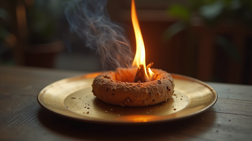 Eye-level view of a burning natural cone dhoop on a brass plate