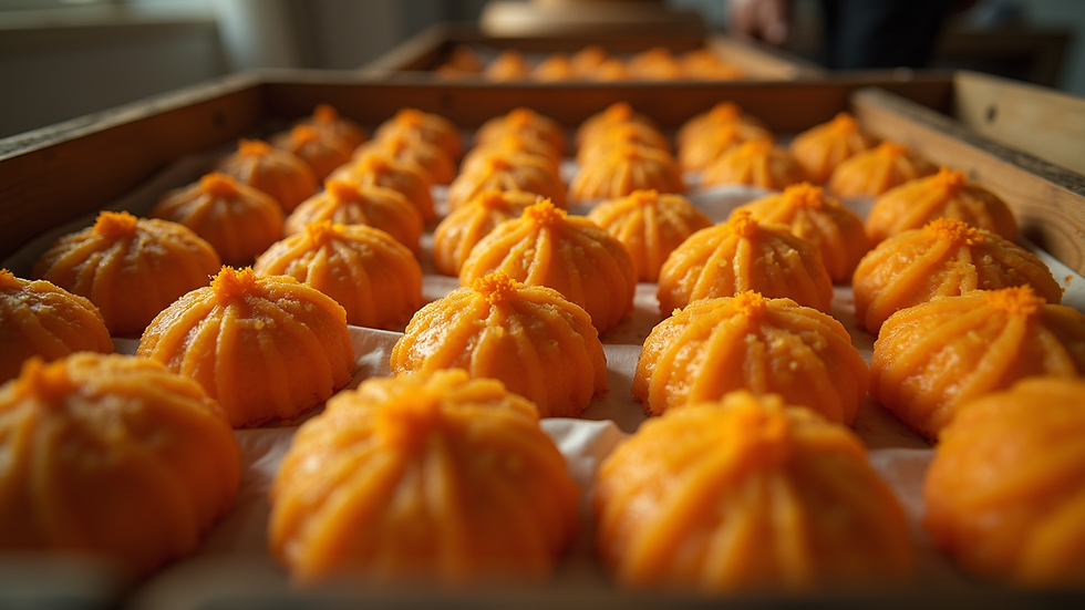 Eye-level view of neatly folded Laddu Gopal poshak sets in a storage box