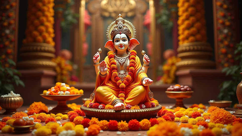 Eye-level view of a decorated altar with Laddu Gopal idol and offerings including sweets and flowers