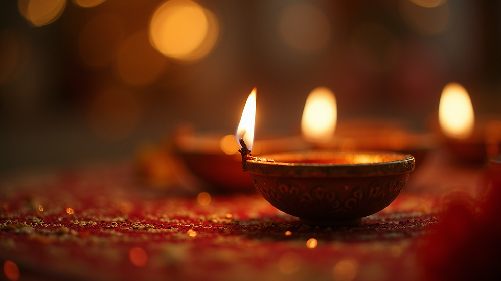 Close-up view of a diya lamp lit during puja