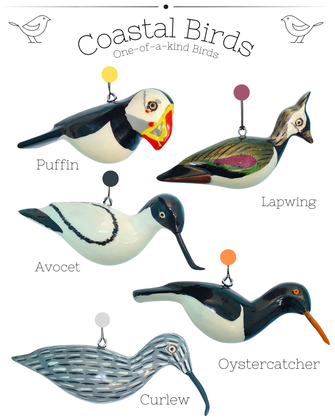 Set of 5 wooden hanging birds - Coastal Birds