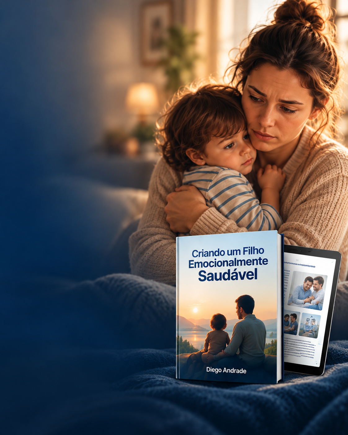 Mãe acolhendo uma criança ao lado do e-book Criando um Filho Emocionalmente Saudável