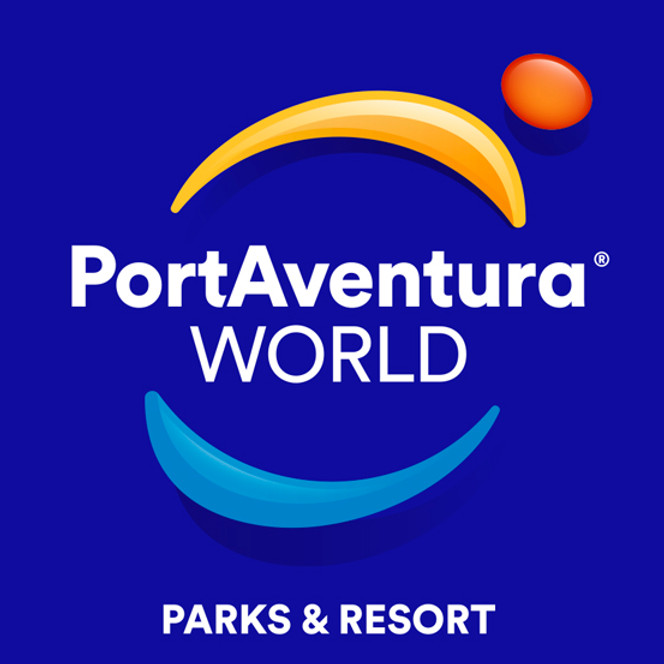 Logotipo de PortAventura World Parks & Resort sobre fondo azul.